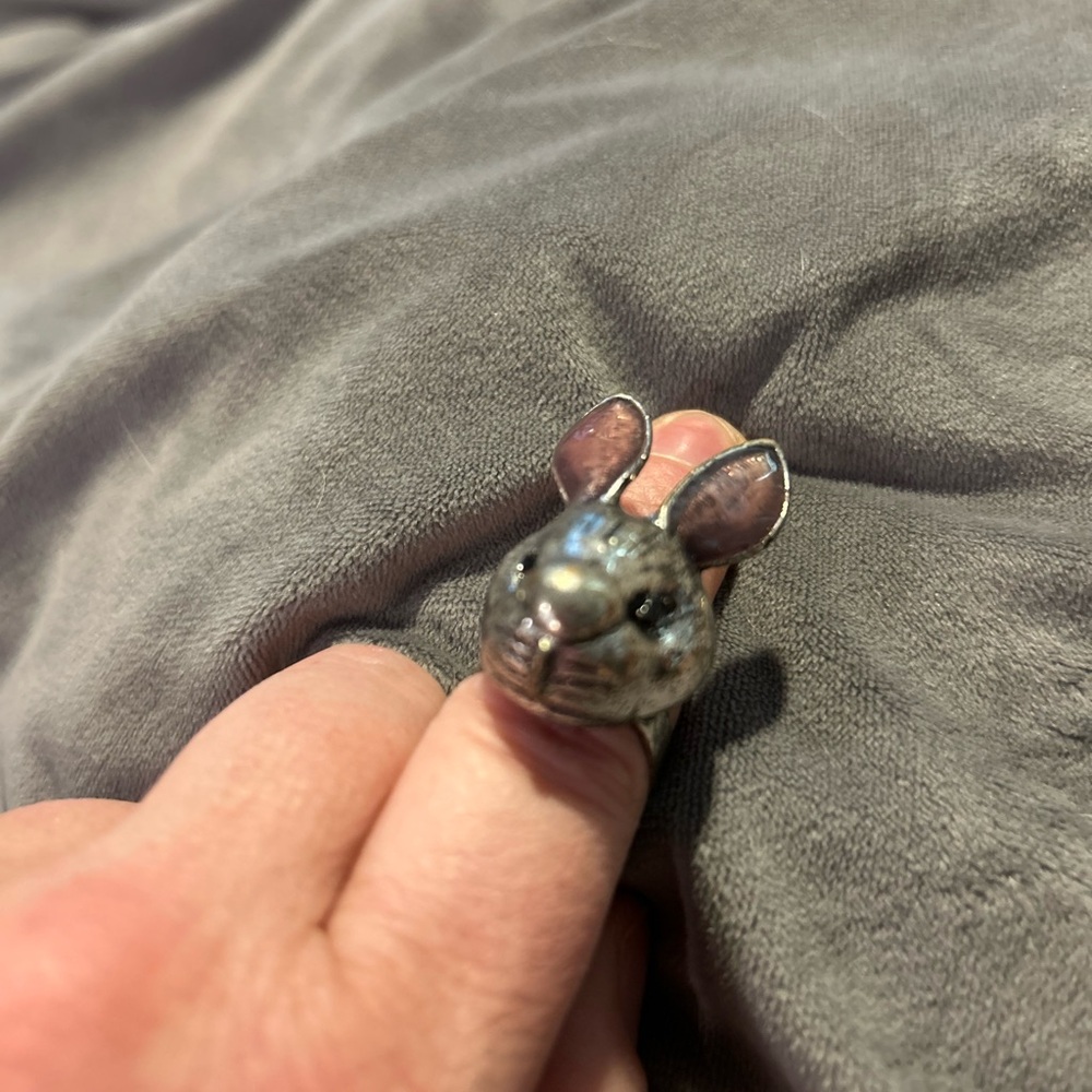 Silver Bunny Ring with Pink-Enameled Ears Vintage